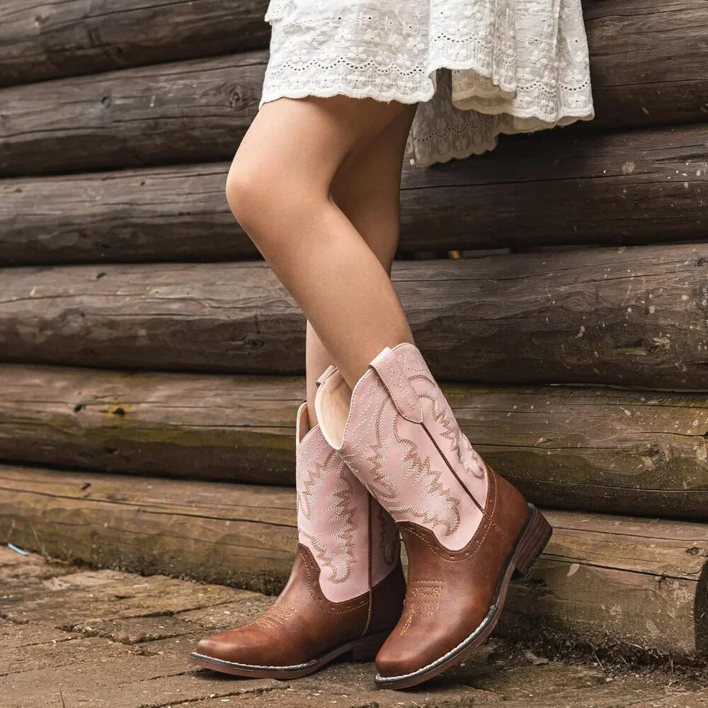 ⚡Kid Pink/Brown Synthetic Cowboy Western Riding Shoes Square Toe Wide Calf Boot